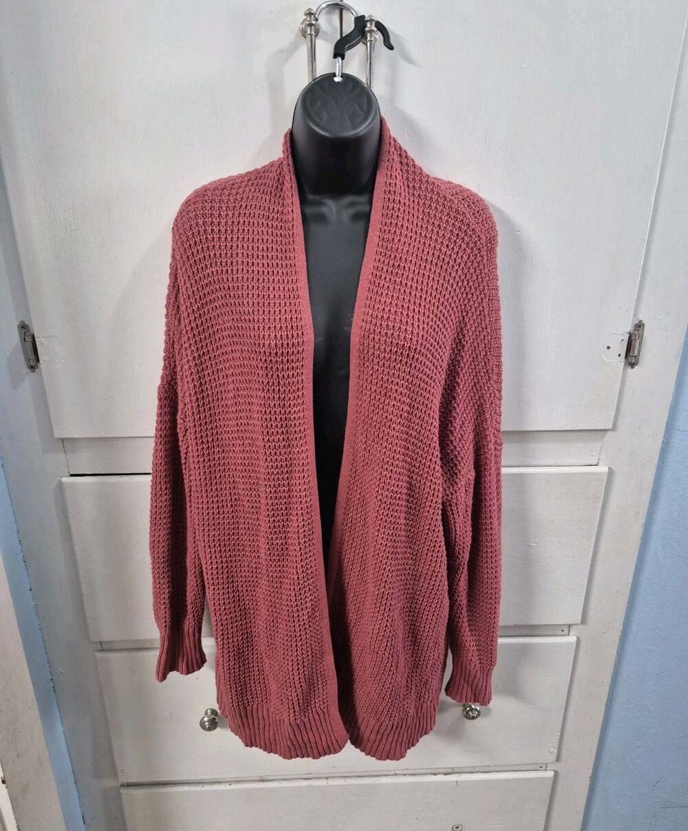 American Eagle Pink Rust Medium Waffle Knit Open Front Cardigan Sweater